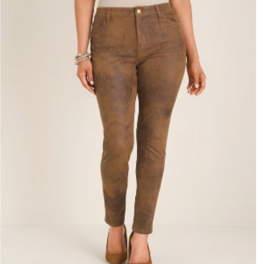 Chico’s Women's‎ Brown Caoted Faux-Suede Worn Luggage Slim Pants